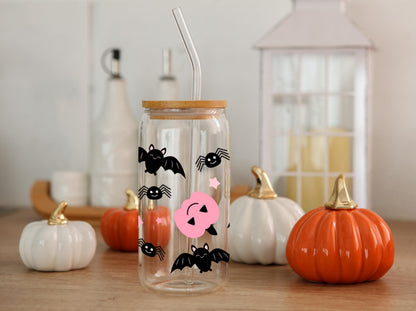 Spooky Frosted Glass Tumbler, Halloween Jar Tumbler, Acrylic Tumbler Cup With Straw & Lid, 16oz Frosted Glass Tumbler, Halloween Gift Ideas