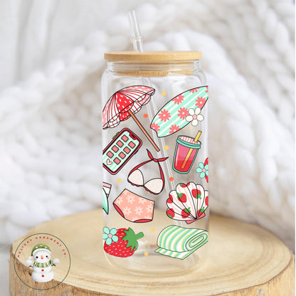 Strawberry Libbey Glass Cup: Summer Beach Theme Iced Coffee - 16oz/20oz