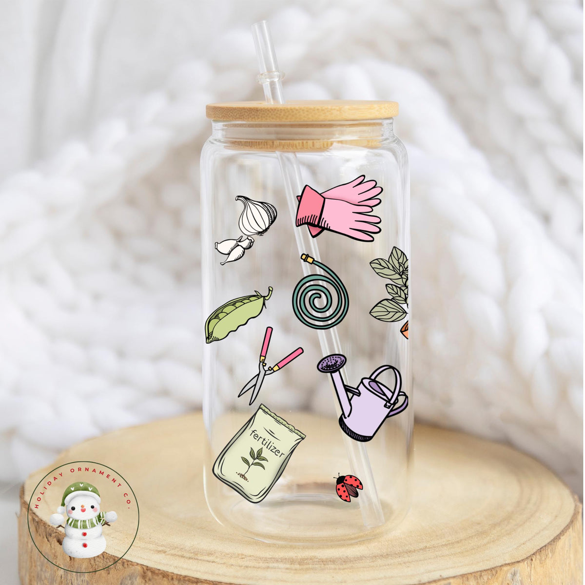 Gardening Theme Glass Libbey Cup: Iced Coffee Tumbler With Bamboo Lid