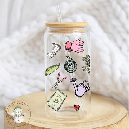 Gardening Theme Glass Libbey Cup: Iced Coffee Tumbler With Bamboo Lid