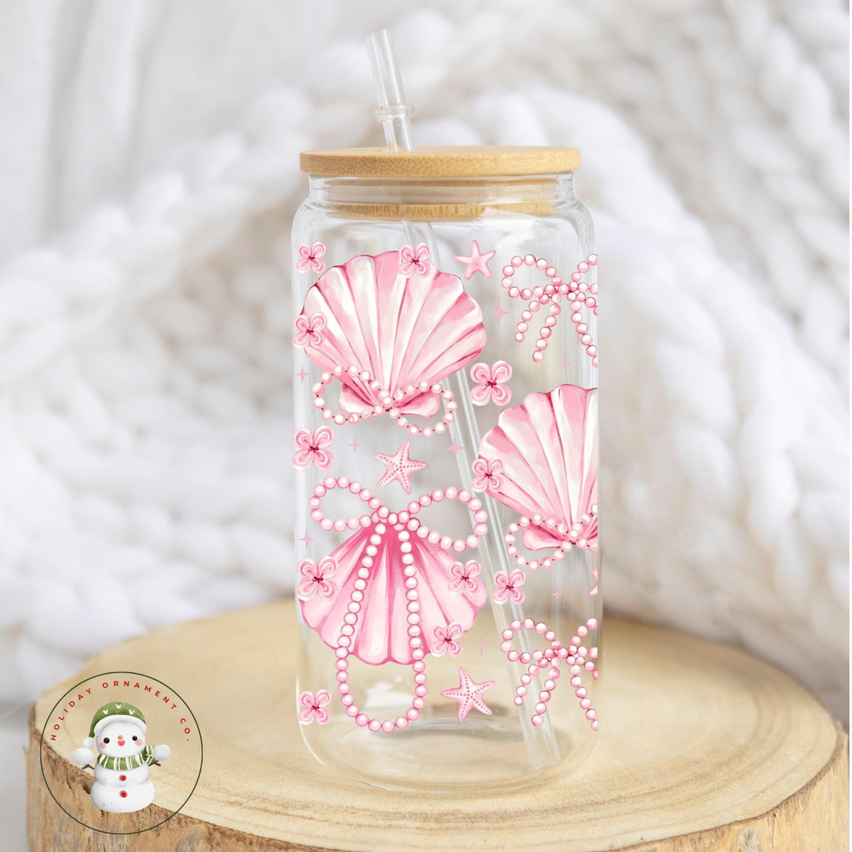 Pink Seashell Pearl Libbey Cup: Iced Coffee Glass Tumbler