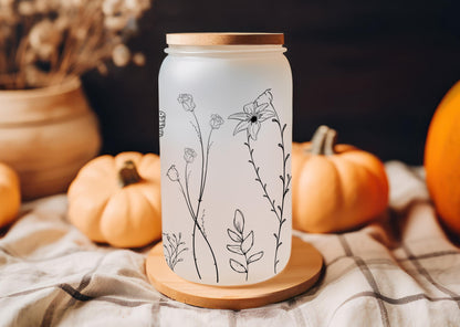 Wild Flowers Glass Tumbler, Floral Jar Tumbler, Frosted Glass Tumbler, 16oz Glass Cup With Straw & Lid, Iced Coffee Glass Cup, Gift For Mom