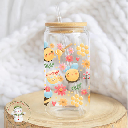 Bumblebee Glass Iced Coffee Cup: Flower Garden Design, Libbey Glass - 16oz/20oz