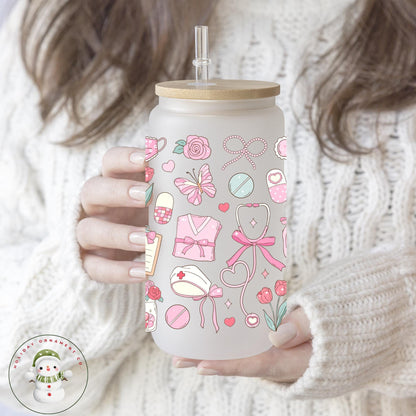 Pink Nursing Glass Coffee Cup: Nurse Appreciation Gift With Bamboo Lid