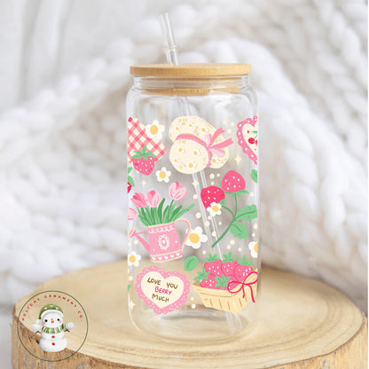 Berry Cute Glass Libbey Cup | Summer Themed Iced Coffee Cup | 16 Oz/20 Oz | Bridal Party Favors | Gift For Her | Summer Party Cup