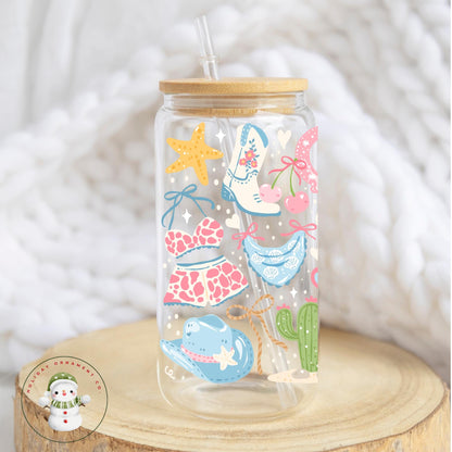 Pastel Cowgirl Glass Libbey Cup: Iced Coffee Tumbler With Bamboo Lid