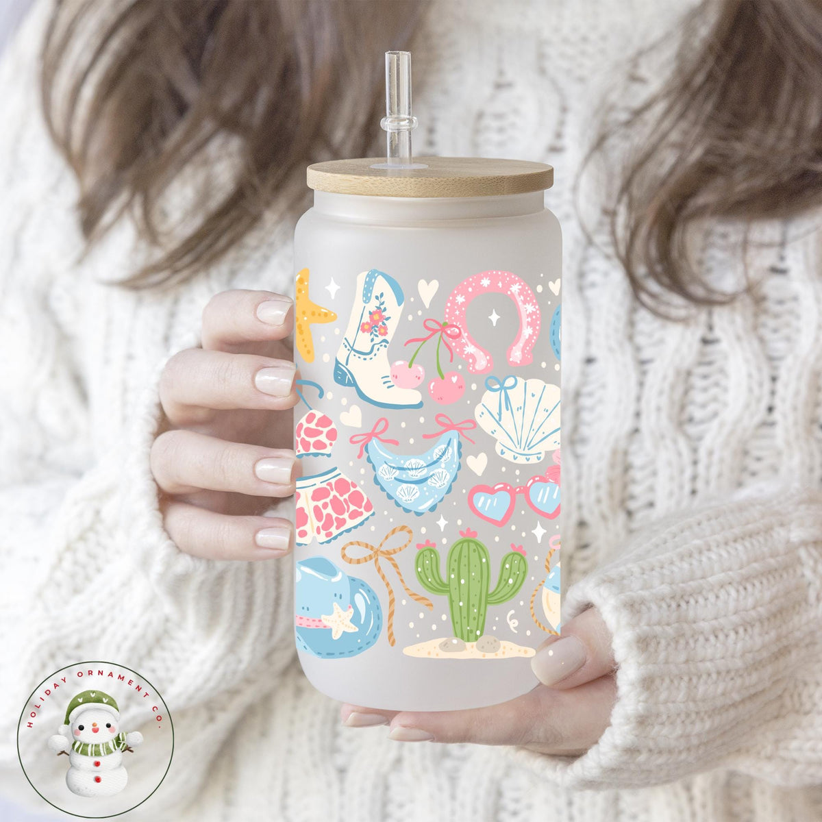 Pastel Cowgirl Glass Libbey Cup: Iced Coffee Tumbler With Bamboo Lid