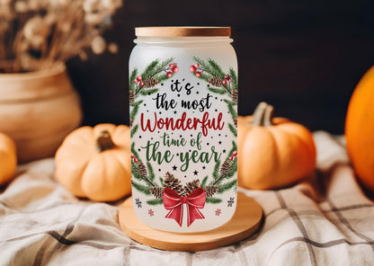 Christmas Clear Glass Tumbler, It's Most Wonderful Time Of The Year, Iced Coffee Frosted Glass Tumbler, 16oz Glass Cup With Straw & Lid