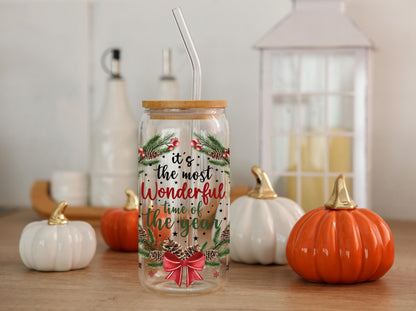 Christmas Clear Glass Tumbler, It's Most Wonderful Time Of The Year, Iced Coffee Frosted Glass Tumbler, 16oz Glass Cup With Straw & Lid