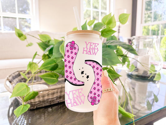 Yee Haw Glass Tumbler With Pink Cowboy Boots And Stars, 16oz Western Cowgirl Cup With Bamboo Lid, Cute Country Girl Gift, Gift For Her
