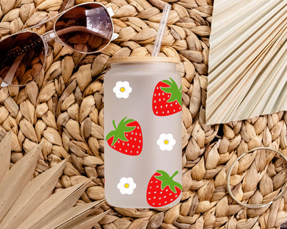 Strawberry And Daisy Glass Tumbler, 16oz Iced Coffee Cup With Bamboo Lid And Floral Fruit Design,  Summer Picnic Aesthetic Glass Tumbler