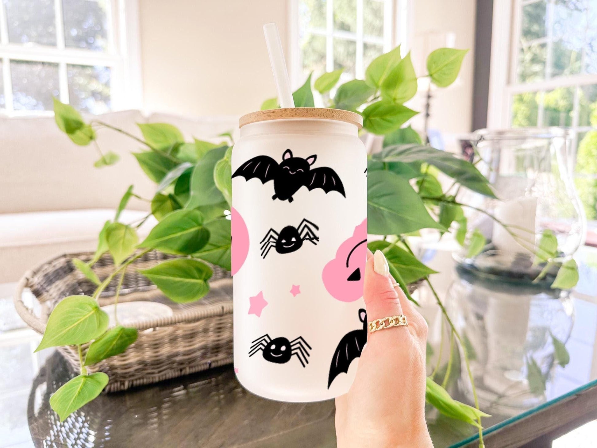Spooky Frosted Glass Tumbler, Halloween Jar Tumbler, Acrylic Tumbler Cup With Straw & Lid, 16oz Frosted Glass Tumbler, Halloween Gift Ideas