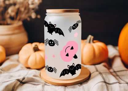 Spooky Frosted Glass Tumbler, Halloween Jar Tumbler, Acrylic Tumbler Cup With Straw & Lid, 16oz Frosted Glass Tumbler, Halloween Gift Ideas