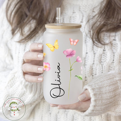 Personalized Wildflower Butterfly Glass Tumbler With Bamboo Lid & Straw (16/20 Oz)