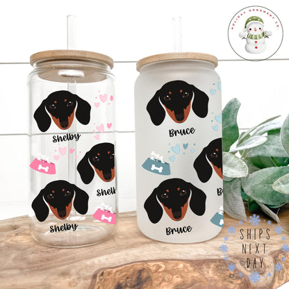 Personalized Dachshund Glass Tumbler: Libbey Iced Coffee Cup With Bamboo Lid