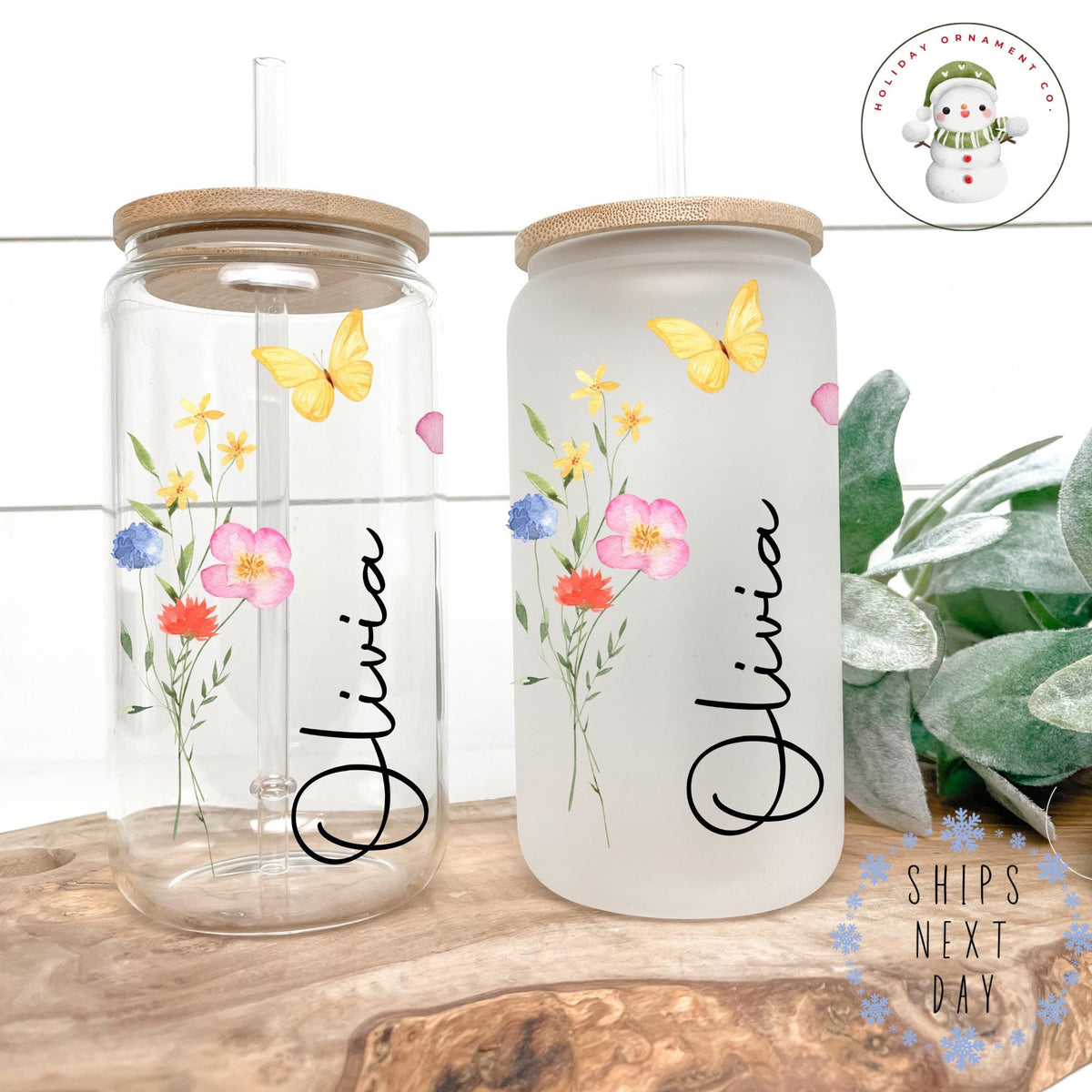 Personalized Wildflower Butterfly Glass Tumbler With Bamboo Lid & Straw (16/20 Oz)