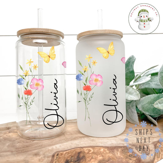 Personalized Wildflower Butterfly Glass Tumbler With Bamboo Lid & Straw (16/20 Oz)