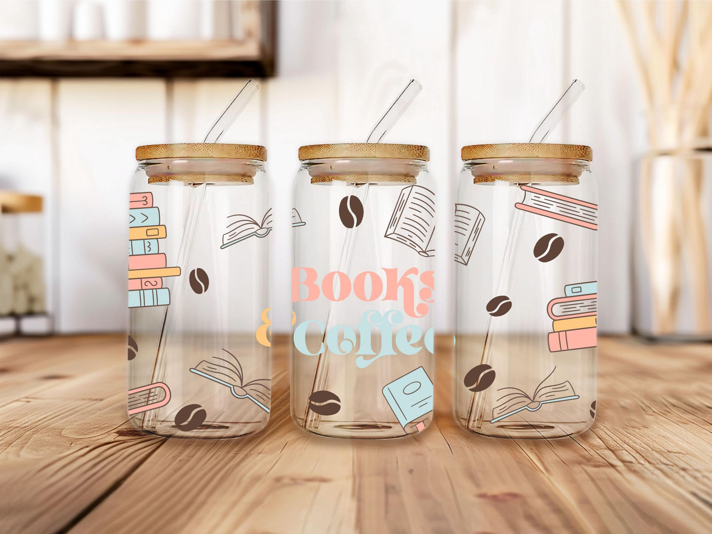 Books And Coffee Glass Can, Book Lover Illustration, Retro Aesthetic Iced Coffee Cup, Bamboo Lid Glass, Gift For Book Lovers