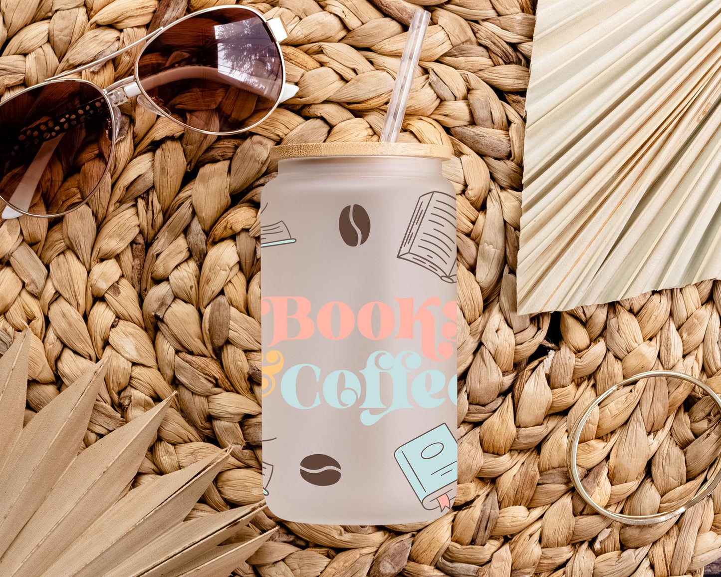 Books And Coffee Glass Can, Book Lover Illustration, Retro Aesthetic Iced Coffee Cup, Bamboo Lid Glass, Gift For Book Lovers