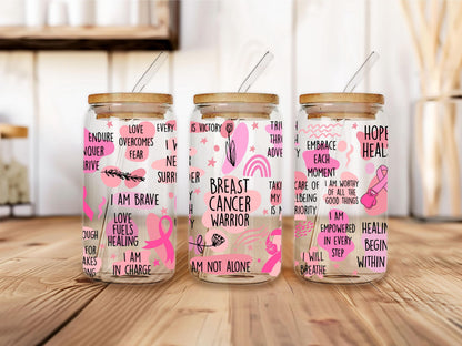 Positive Affirmations Glass Can, Motivation Quotes Design, Mental Health Reminder Cup, Pink Empowering Artwork, Bamboo Lid Iced Coffee Glass