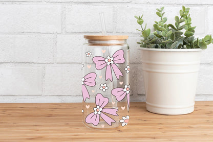 Pink Bow Daisy Glass Can, Coquette Floral Design, Aesthetic Iced Coffee Cup, Bamboo Lid Glass, Cute Spring Drinkware, Gift For Her