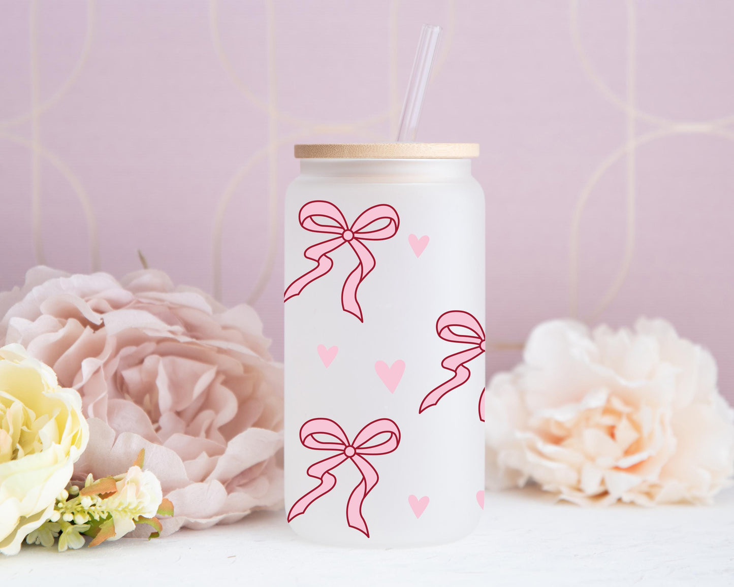Pink Bow Glass Cup, Coquette Aesthetic Design, Frosted Beer Can Glass, Iced Coffee Cup With Straw, Cute Girly Gift, Gift For Girlfriend