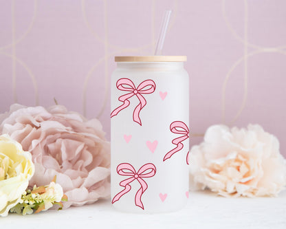 Pink Bow Glass Cup, Coquette Aesthetic Design, Frosted Beer Can Glass, Iced Coffee Cup With Straw, Cute Girly Gift, Gift For Girlfriend