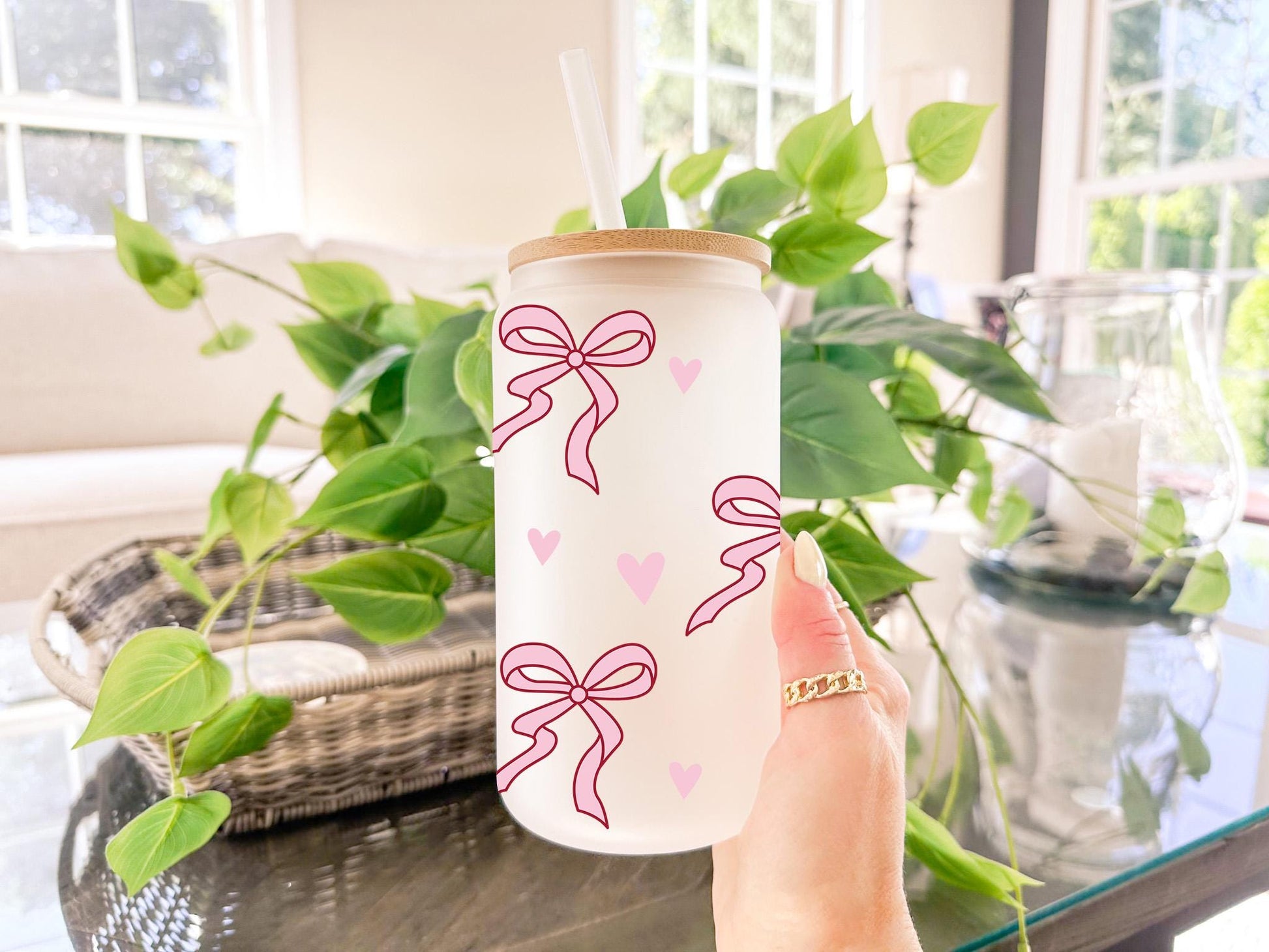 Pink Bow Glass Cup, Coquette Aesthetic Design, Frosted Beer Can Glass, Iced Coffee Cup With Straw, Cute Girly Gift, Gift For Girlfriend