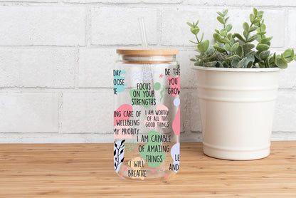Self Love Affirmations Glass Can, Positive Daily Reminder Design, Pastel Aesthetic Iced Coffee Cup, Bamboo Lid Glass, Mental Wellness Gift