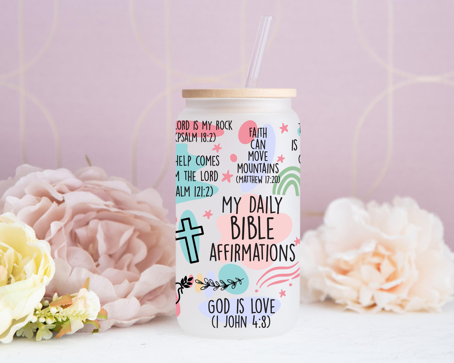 My Daily Bible Affirmations Glass Can, Christian Scripture Design, Faith Based Quotes Cup, Aesthetic Iced Coffee Glass With Bamboo Lid