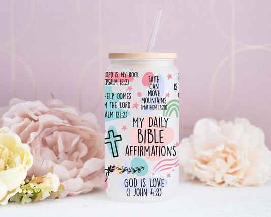 My Daily Bible Affirmations Glass Can, Christian Scripture Design, Faith Based Quotes Cup, Aesthetic Iced Coffee Glass With Bamboo Lid