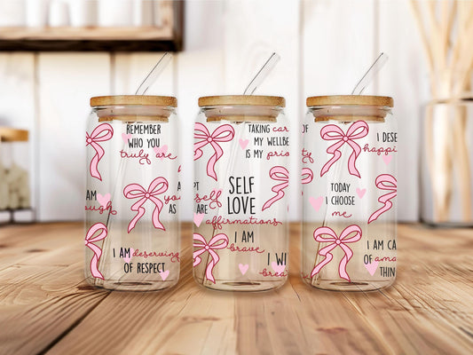 Self Love Affirmations Glass Can, Pink Bow Heart Design, Daily Motivation Quotes Cup, Coquette Aesthetic Iced Coffee Glass With Bamboo Lid