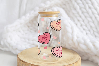 Conversation Hearts Glass Can, Anti Valentines Humor, Snarky Candy Heart Sayings, Bamboo Lid Cup, Iced Coffee Cup, Gift Bestie
