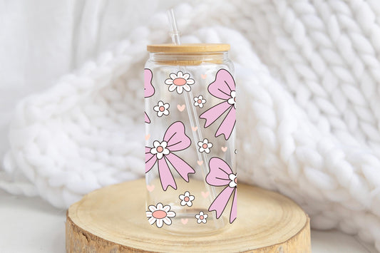 Pink Bow Daisy Glass Can, Coquette Floral Design, Aesthetic Iced Coffee Cup, Bamboo Lid Glass, Cute Spring Drinkware, Gift For Her