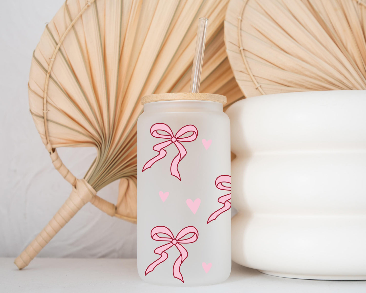 Pink Bow Glass Cup, Coquette Aesthetic Design, Frosted Beer Can Glass, Iced Coffee Cup With Straw, Cute Girly Gift, Gift For Girlfriend