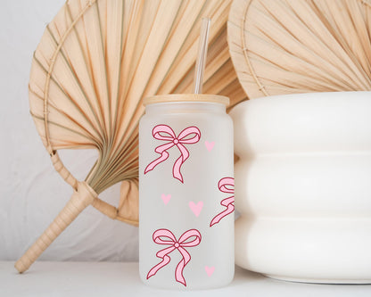 Pink Bow Glass Cup, Coquette Aesthetic Design, Frosted Beer Can Glass, Iced Coffee Cup With Straw, Cute Girly Gift, Gift For Girlfriend