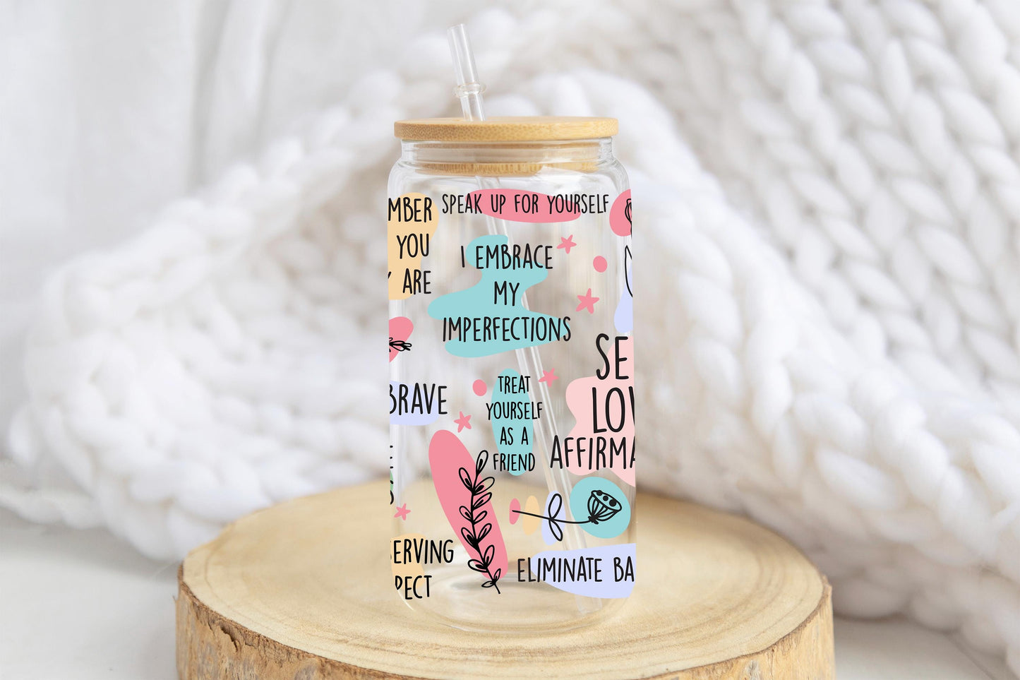 Self Love Affirmations Glass Can, Positive Daily Reminder Design, Pastel Aesthetic Iced Coffee Cup, Bamboo Lid Glass, Mental Wellness Gift