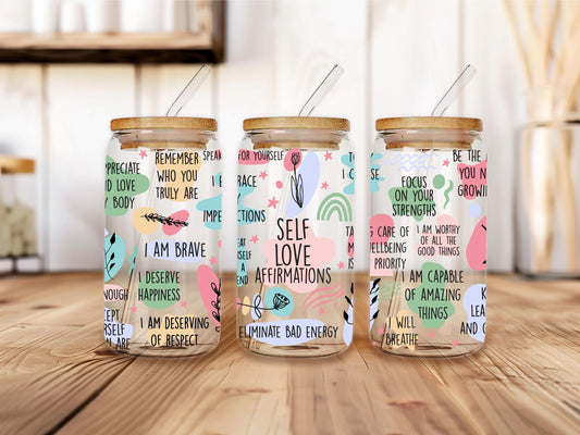 Self Love Affirmations Glass Can, Positive Daily Reminder Design, Pastel Aesthetic Iced Coffee Cup, Bamboo Lid Glass, Mental Wellness Gift