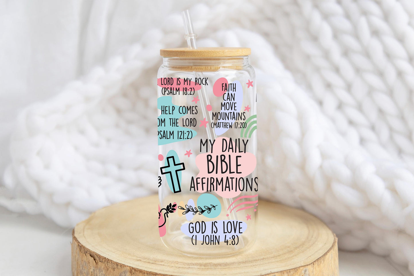My Daily Bible Affirmations Glass Can, Christian Scripture Design, Faith Based Quotes Cup, Aesthetic Iced Coffee Glass With Bamboo Lid