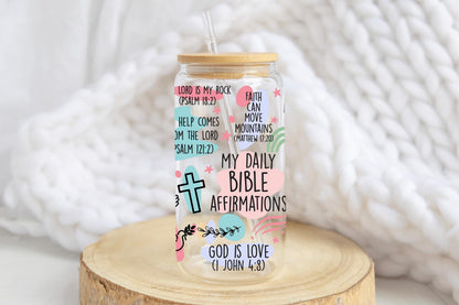 My Daily Bible Affirmations Glass Can, Christian Scripture Design, Faith Based Quotes Cup, Aesthetic Iced Coffee Glass With Bamboo Lid