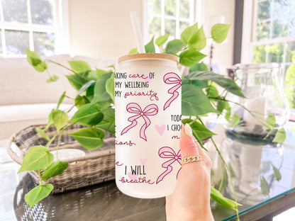 Self Love Affirmations Glass Can, Pink Bow Heart Design, Daily Motivation Quotes Cup, Coquette Aesthetic Iced Coffee Glass With Bamboo Lid
