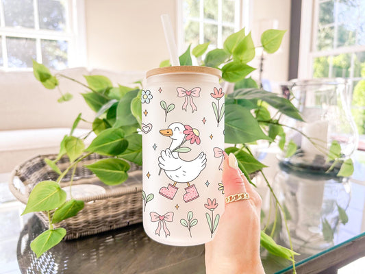 Cute Duck Glass Can With Pink Boots, Cottagecore Floral Design, Kawaii Goose Illustration, Aesthetic Iced Coffee Cup With Bamboo Lid