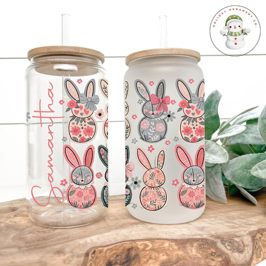 Personalized Vintage Easter Bunny Iced Coffee Cup: 16oz/20oz Libbey Glass Tumbler