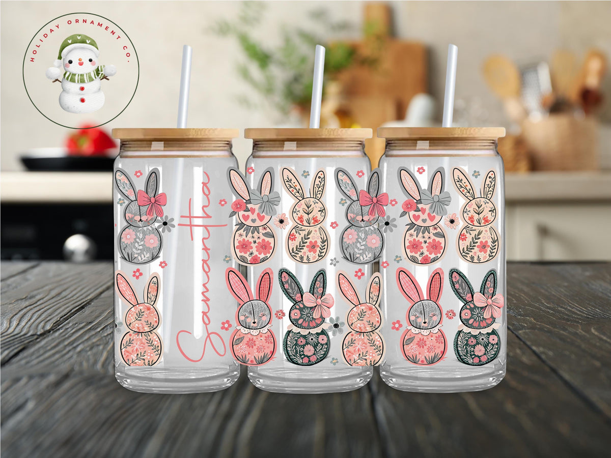 Personalized Vintage Easter Bunny Iced Coffee Cup: 16oz/20oz Libbey Glass Tumbler