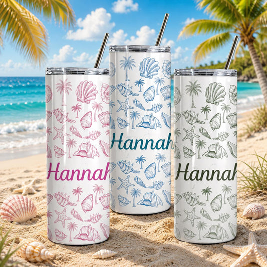 Personalized Seashell Tumbler | Custom Name Beach Themed Hot Cold Cup | Vacation Cup