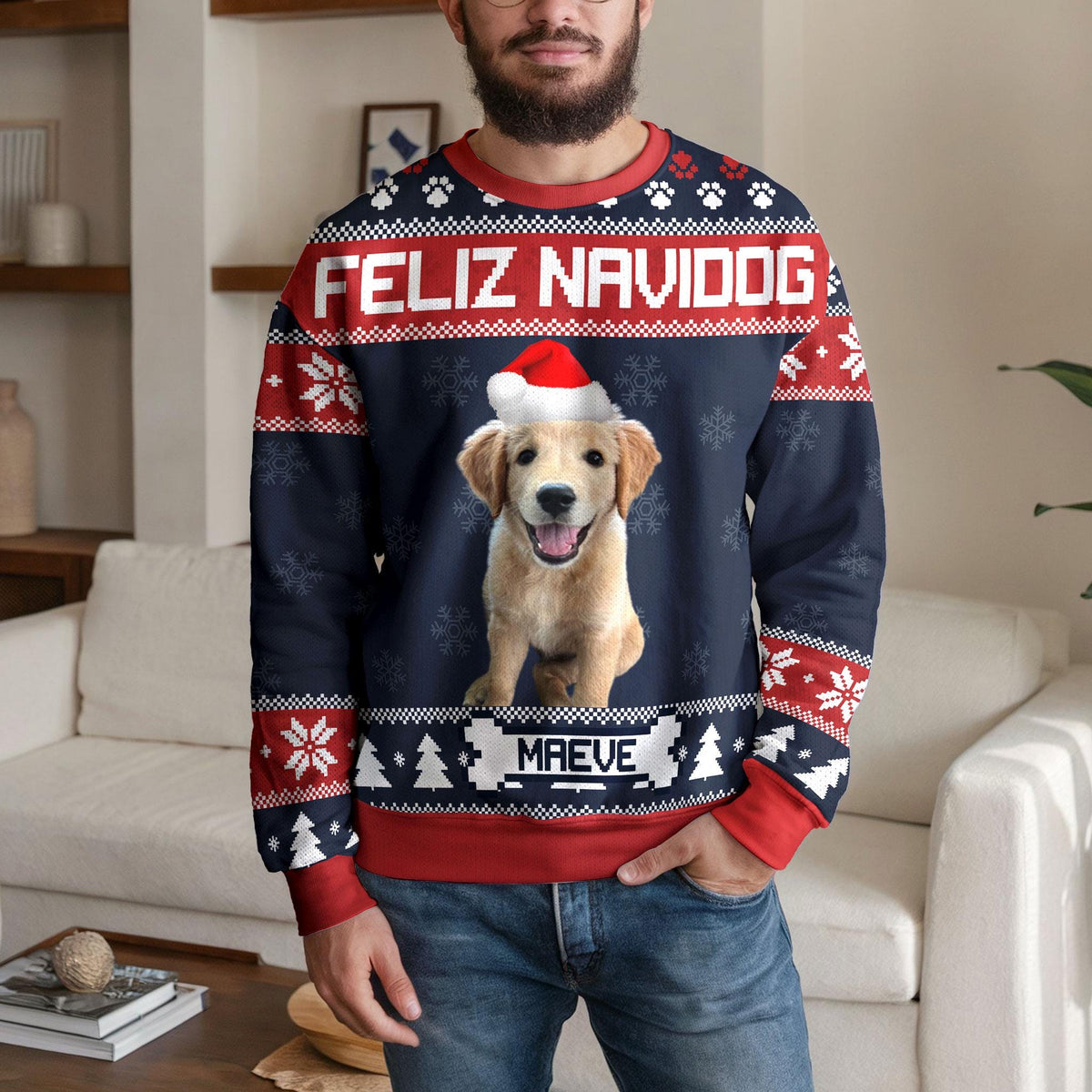 Personalized Feliz Navidog Pet Face Ugly Christmas Sweater, Custom Dog Or Cat Photo