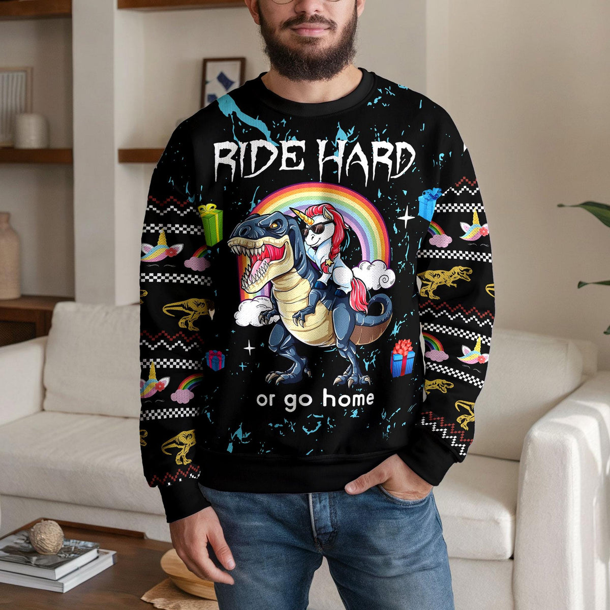 Dinosaur Riding Unicorn Ugly Christmas Sweater, Ride Hard Or Go Home Design