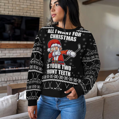 Hockey Ugly Christmas Sweater, Funny Santa Ice Hockey Design