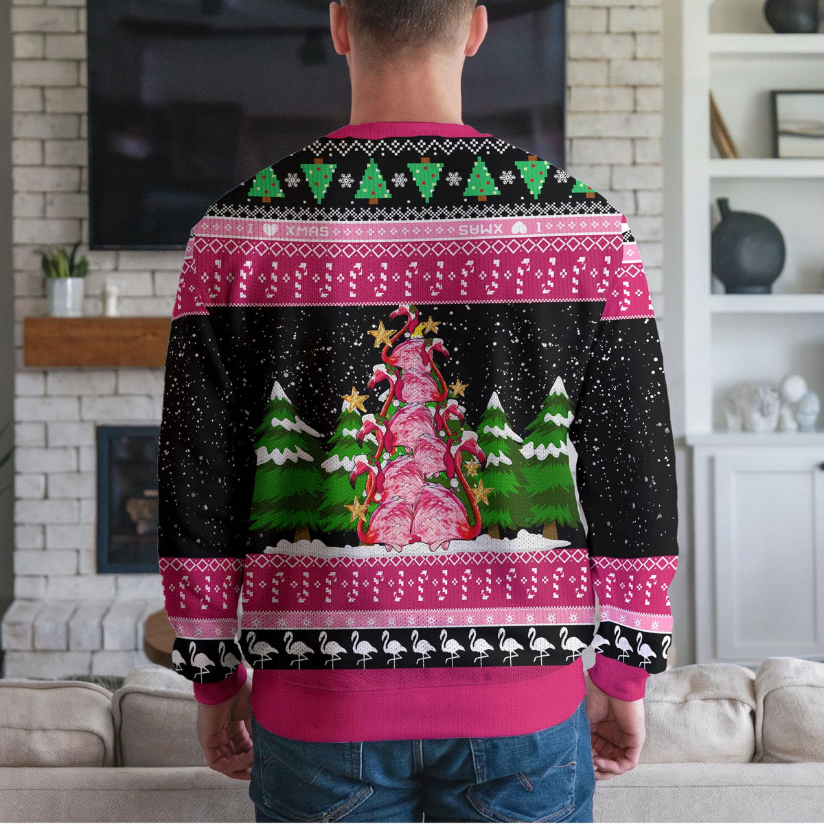 Flamingo Ugly Christmas Sweater, Funny Pink Bird Tropical Design