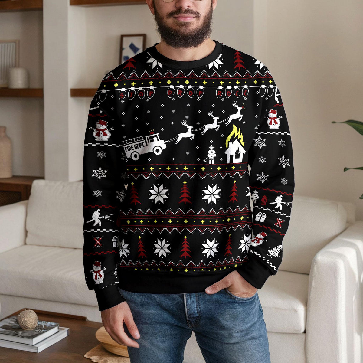 Firefighter Ugly Christmas Sweater, Fire Department First Responder Design